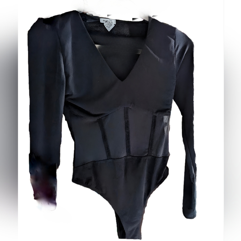 Rue21 V neck Corset Waist Panel Black Long Sleeve Bodysuit Size S